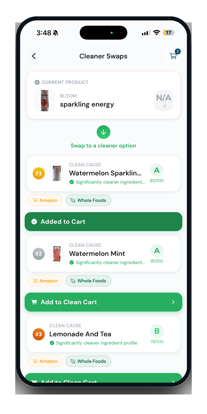 Cleaner Swaps screen suggesting safer alternatives ranked by safety score