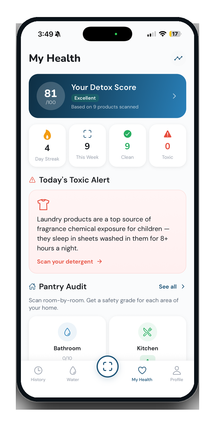 My Health dashboard showing Detox Score, streak, and weekly progress