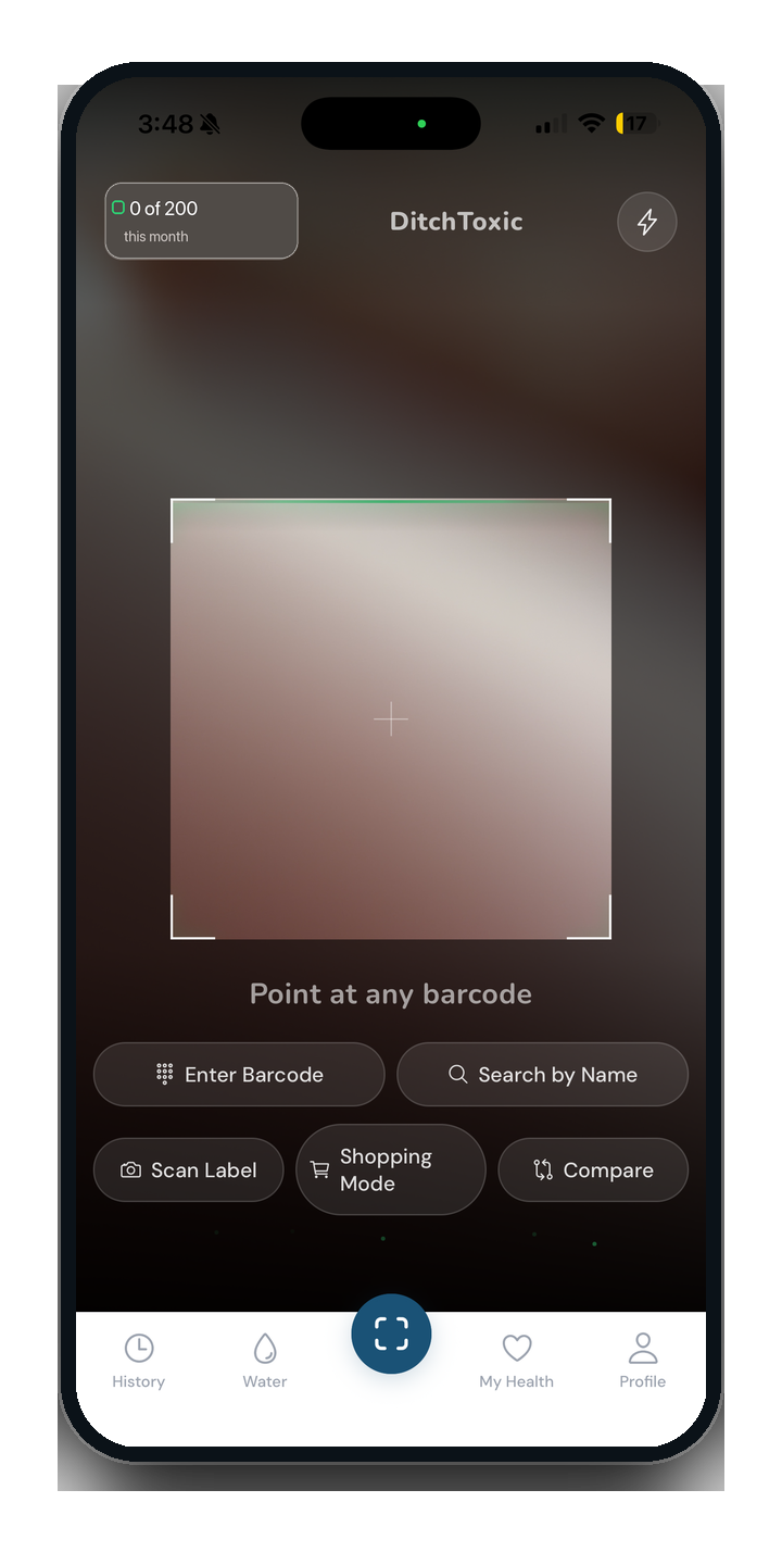 DitchToxic scanner with live barcode viewfinder