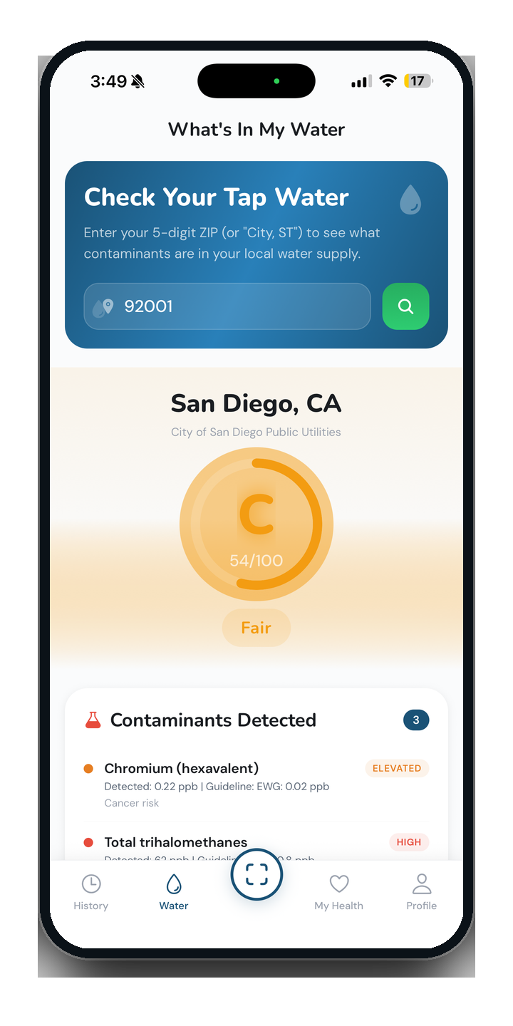 Local water quality grade with overall score and contaminant summary